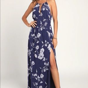First Blossoms Navy Blue Floral Print Halter Maxi Dress